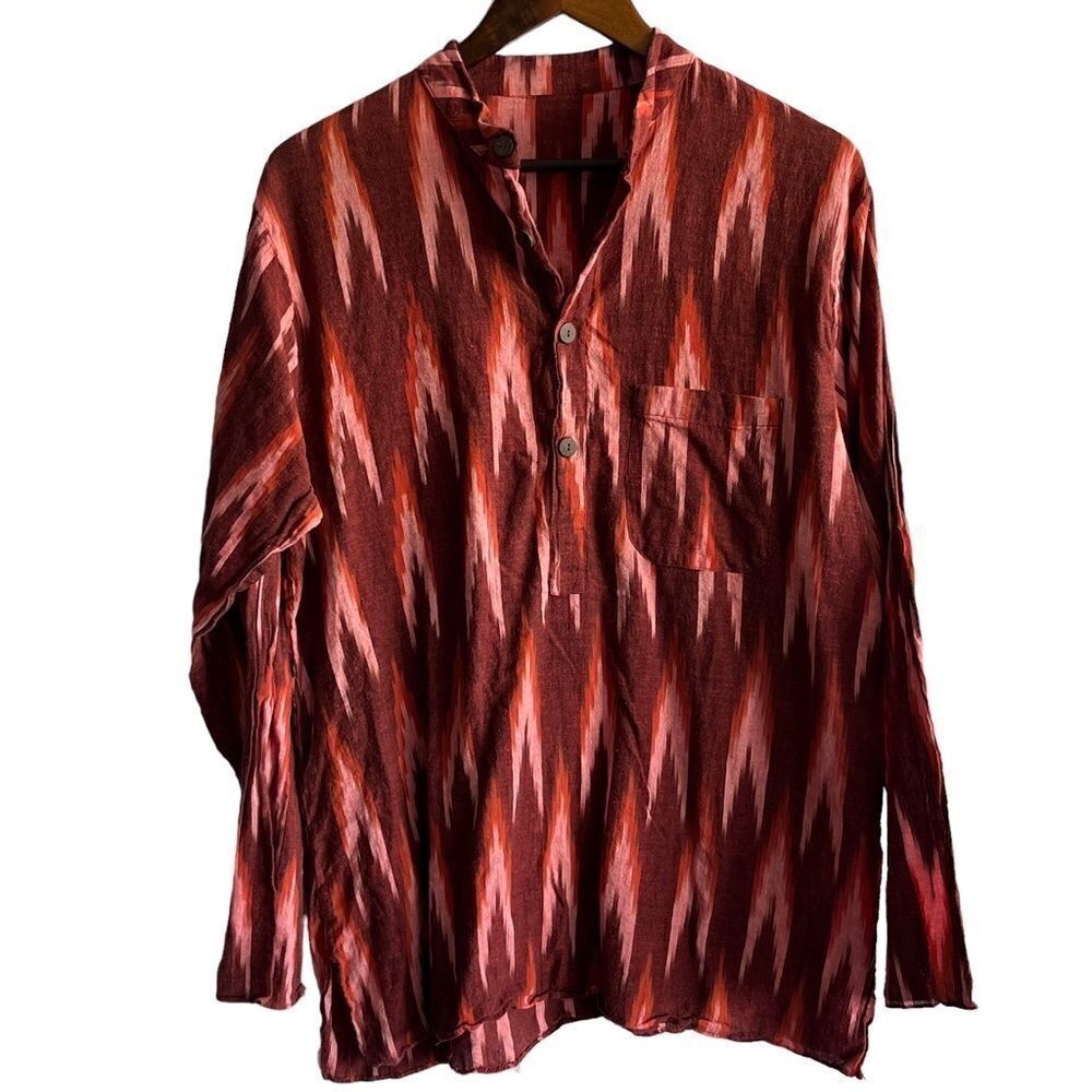 Red Boho Printed Long Sleeve Button Front Top - Picture 2 of 9